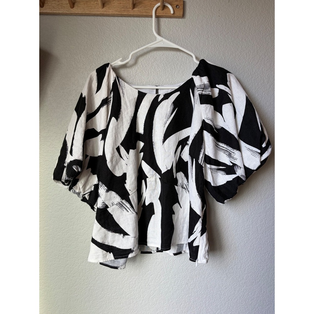 DKNY Womens XL Black White Abstract Brushstroke Puff Sleeve Blouse